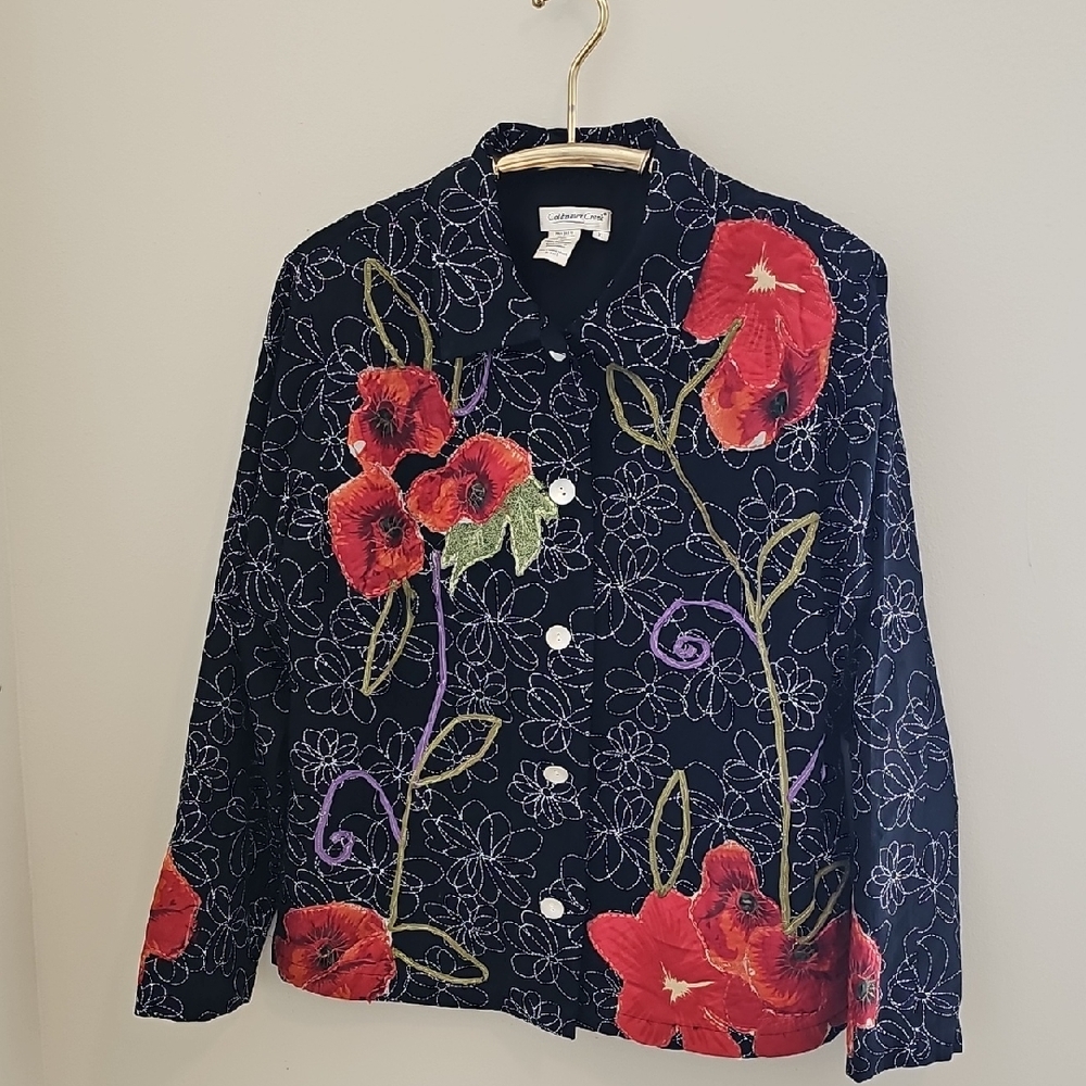 Coldwater Creek Black Jacket with‎ Red Floral Enbrodery Design. Size XL.